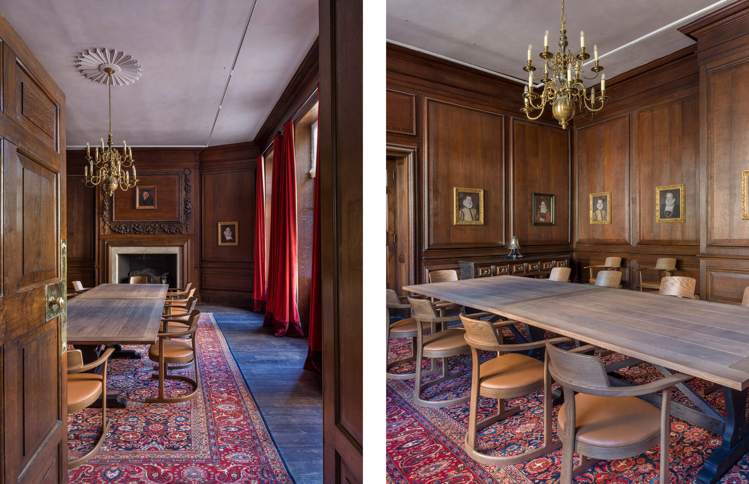 Lined with 17th Century oak wall panelling, and a collection of 16th century Elizabethan portraits of the Smythe family, the Committee Room works as a smaller meeting room or dining space for 14 people. Custom-stained, London-made elbow chairs, originally designed for the Bodleian Library, hug a large, bespoke designed table, made from reclaimed 19th century oak trestle tables. A large antique Persian rug centres the room, and heavy curtains in deep red velvet add a flash of bold colour.