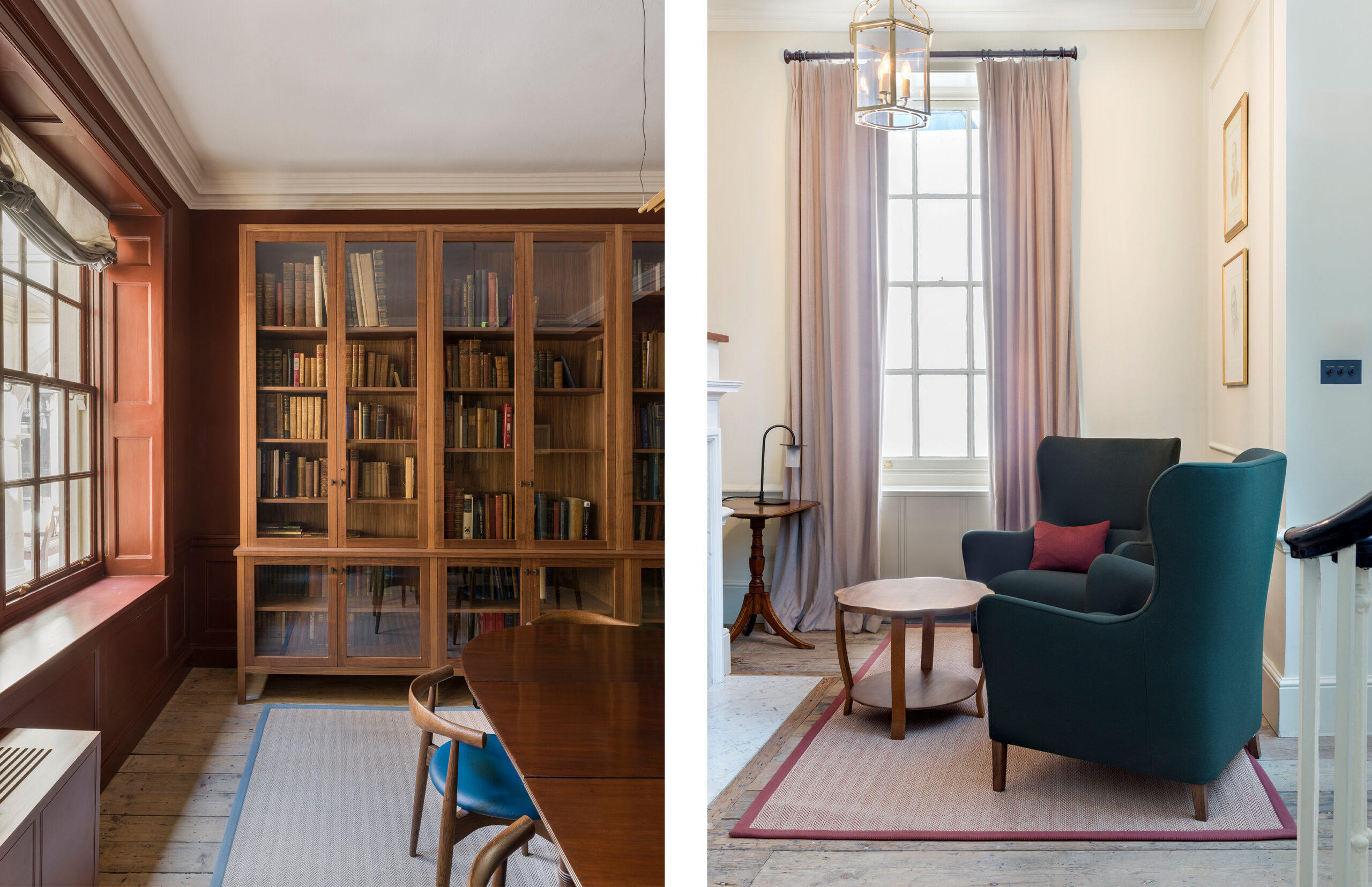 With its own front door, the ground floor of No9 comprises a small but snug sitting room and an elegant, book lined reading room housing the Company’s extensive and valuable collection of antique books. Leather bound volumes are stored in beautiful, walnut and glass cabinets designed for the room and made by leading British manufacturer Benchmark. In contrast to the airiness of the entrance reception, furnished with green felted wingback chairs, dusty pink curtains and reclaimed lighting, the dark oxblood walls of the Reading Room, create a calm and focused ambience for members and visitors wishing to explore the book collection.  On the first floor of No9 is a small meeting room for members and researchers working in residence. Taupe, brushed cotton drapes compliment the ochre walls and original, oiled floorboards, while antique chairs upholstered in blue leather and a vibrant woven red rug lift the space with colour.
